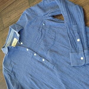 PURNELL I Blue Henley Half Button-Up Double Layer Gauze Pull-Over Shirt, S